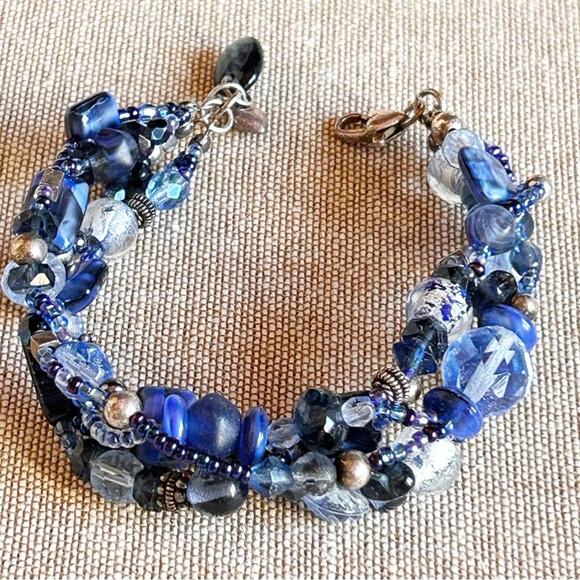 Blue Chunky Glass Multi Strand Bracelet Sterling Silver 925 Heart Clasp - Picture 2 of 9